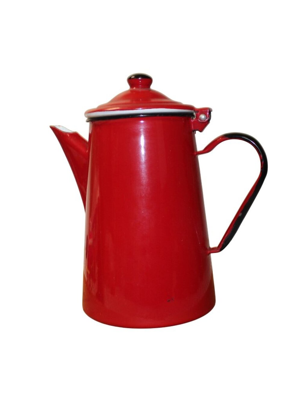 Vtg Red Enamel Coffee Pot w/Hinged Lid 2 Liter Capacity Made In Poland